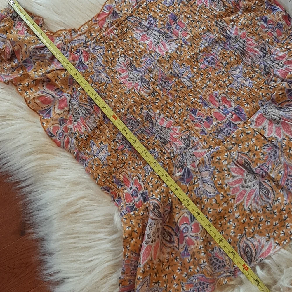 Nanette Lepore Burnt Orange Floral Print Ruched Ruffle Bottom Top, Large, NWT - Picture 10 of 12